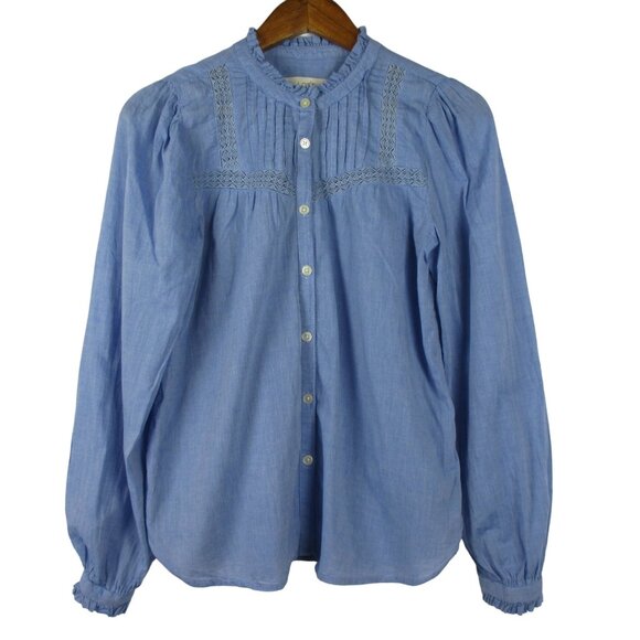 LOFT Blouse Ruffle XS Pintucking Lace Blue Cotton Cottagecore Western Peasant - Picture 1 of 7